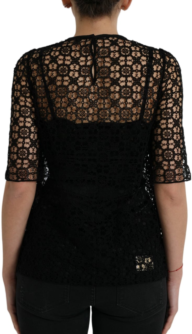 Dolce & Gabbana Black Floral Lace Short Sleeves Blouse Top Zwart