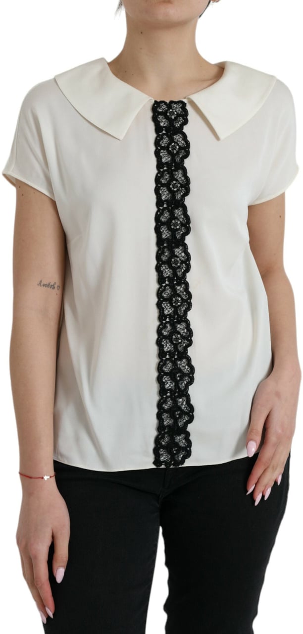 Dolce & Gabbana Off White Silk Lace Trim Short Sleeves Top Wit
