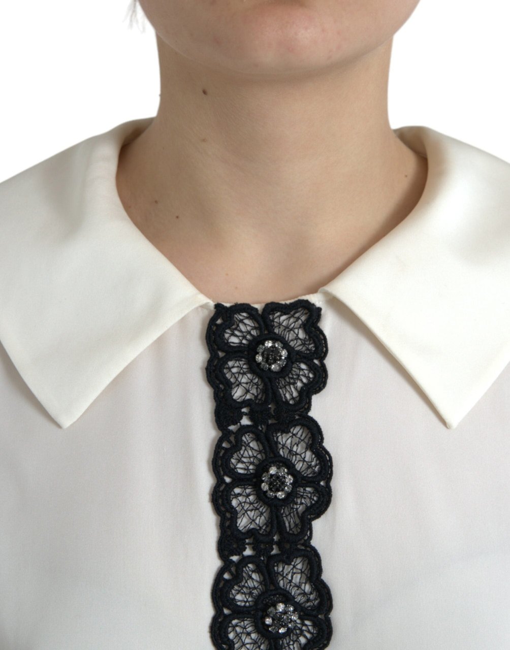 Dolce & Gabbana Off White Silk Lace Trim Short Sleeves Top Wit