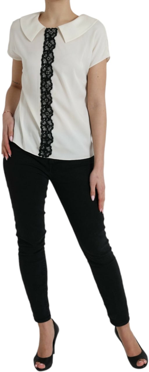 Dolce & Gabbana Off White Silk Lace Trim Short Sleeves Top Wit