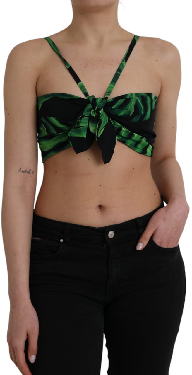 Dolce & Gabbana Black Green Leaf Silk Halter Cropped Top Zwart