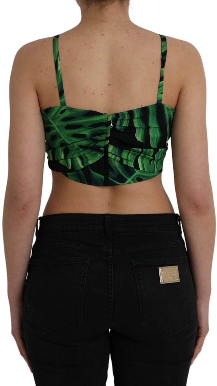 Dolce & Gabbana Black Green Leaf Silk Halter Cropped Top Zwart