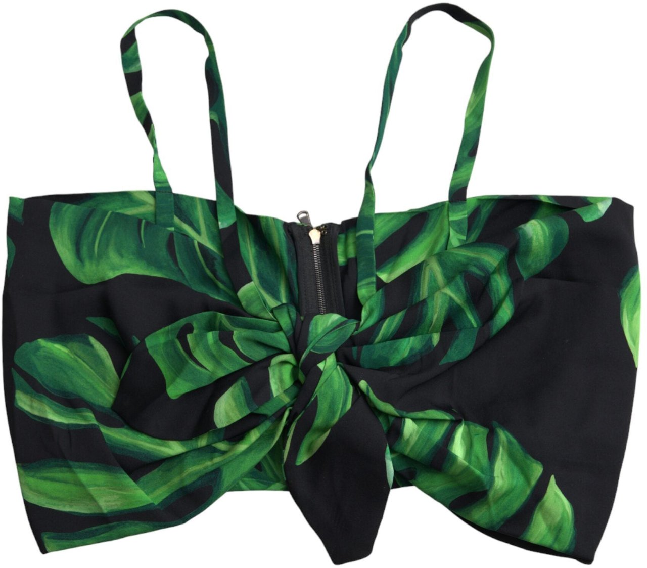 Dolce & Gabbana Black Green Leaf Silk Halter Cropped Top Zwart