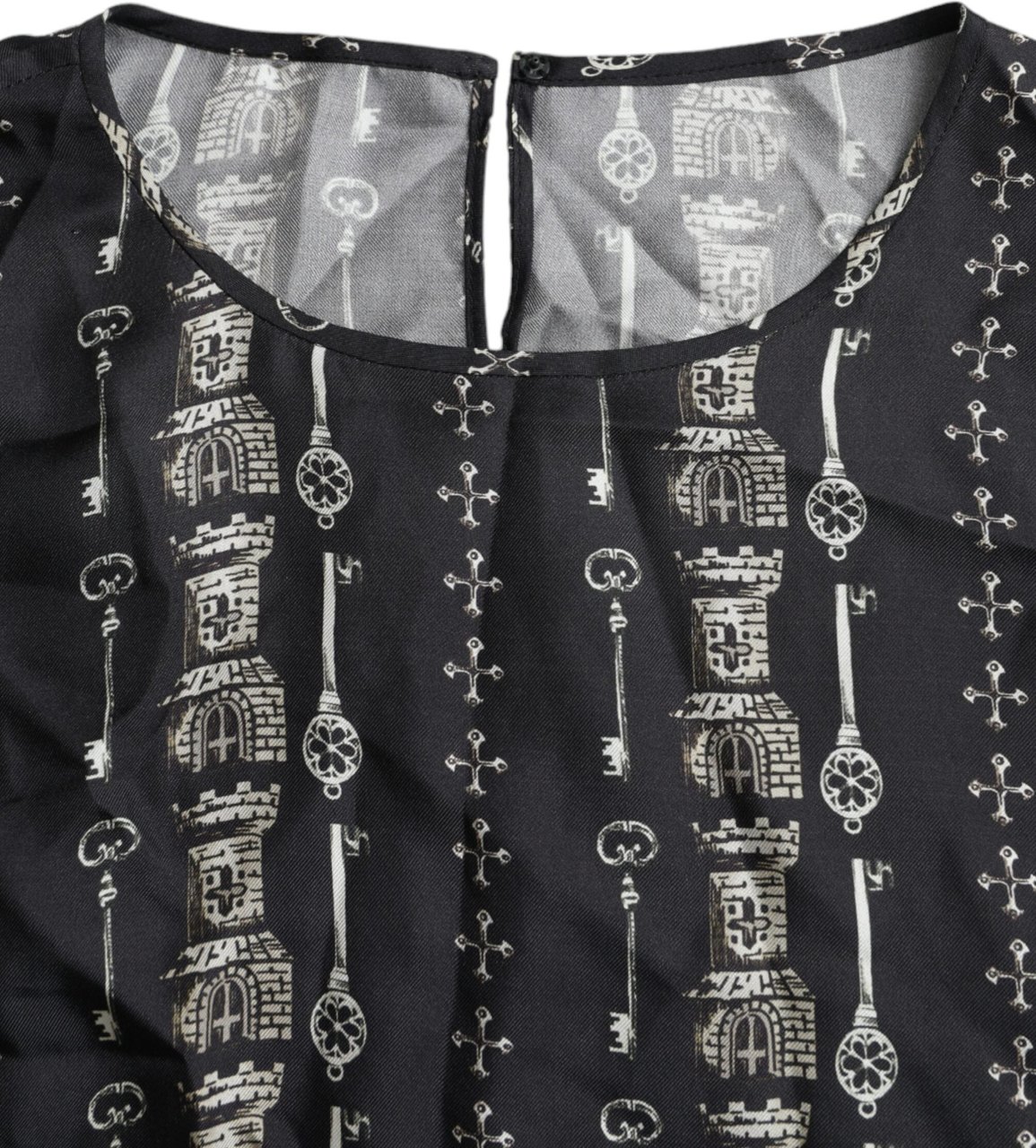 Dolce & Gabbana Black Key Castle Print Silk Blouse T-shirt Zwart