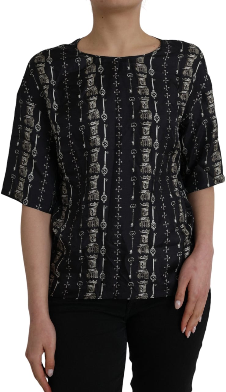 Dolce & Gabbana Black Key Castle Print Silk Blouse T-shirt Zwart