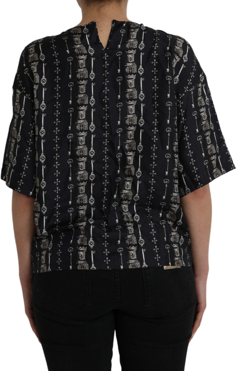 Dolce & Gabbana Black Key Castle Print Silk Blouse T-shirt Zwart