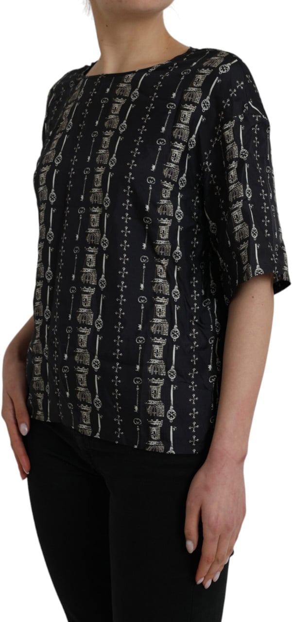 Dolce & Gabbana Black Key Castle Print Silk Blouse T-shirt Zwart