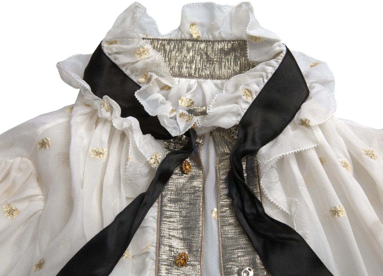 Dolce & Gabbana Off White Silk Blend Ascot Collar Blouse Top Wit