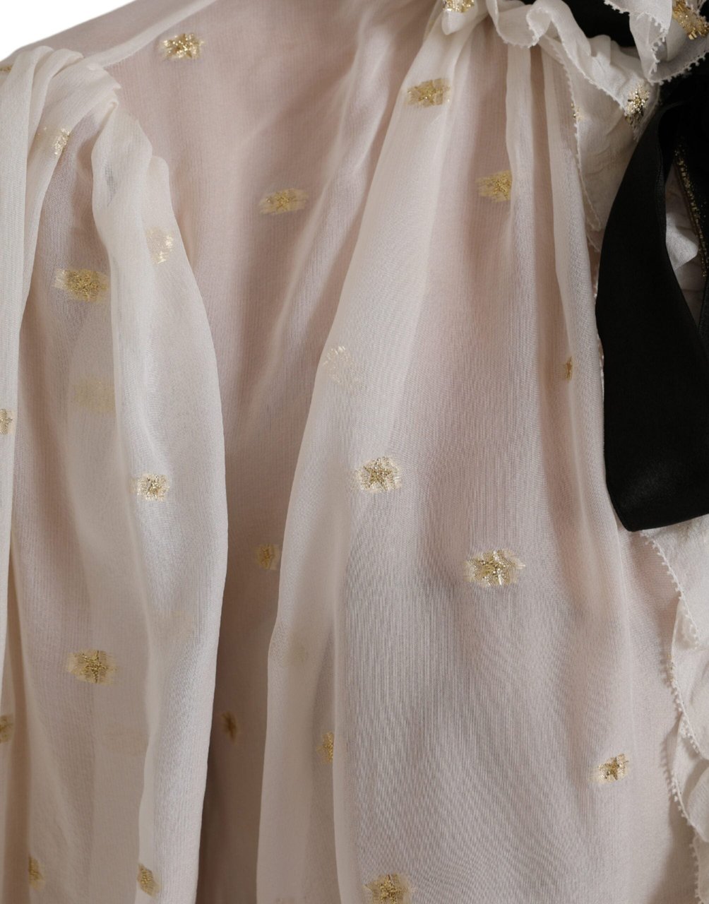 Dolce & Gabbana Off White Silk Blend Ascot Collar Blouse Top Wit