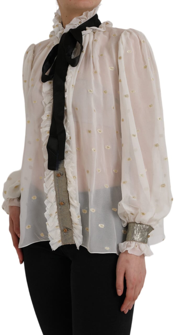 Dolce & Gabbana Off White Silk Blend Ascot Collar Blouse Top Wit