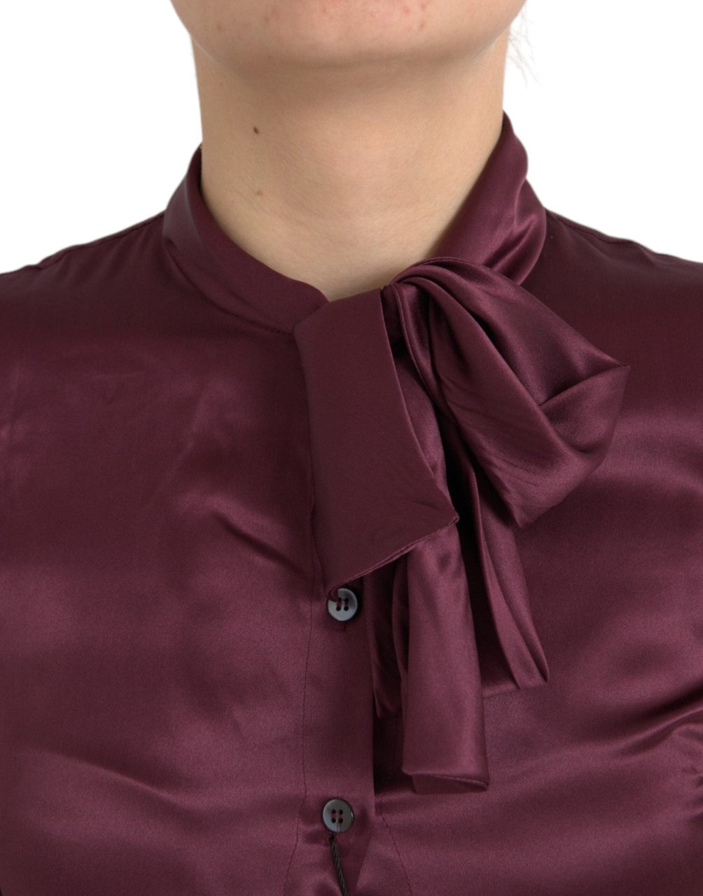Dolce & Gabbana Maroon Ascot Collar Long Sleeve Top Blouse Zwart