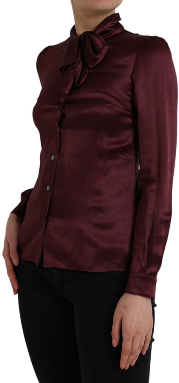 Dolce & Gabbana Maroon Ascot Collar Long Sleeve Top Blouse Zwart