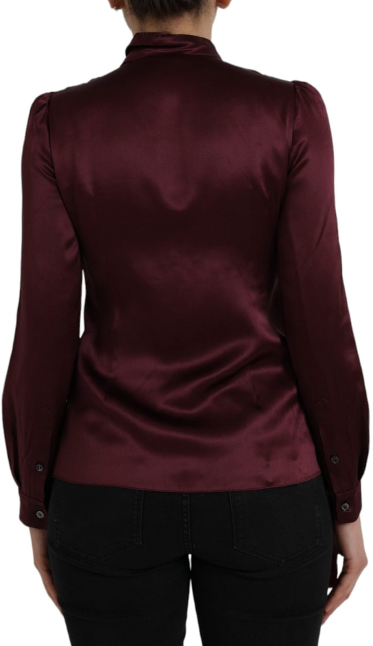 Dolce & Gabbana Maroon Ascot Collar Long Sleeve Top Blouse Zwart