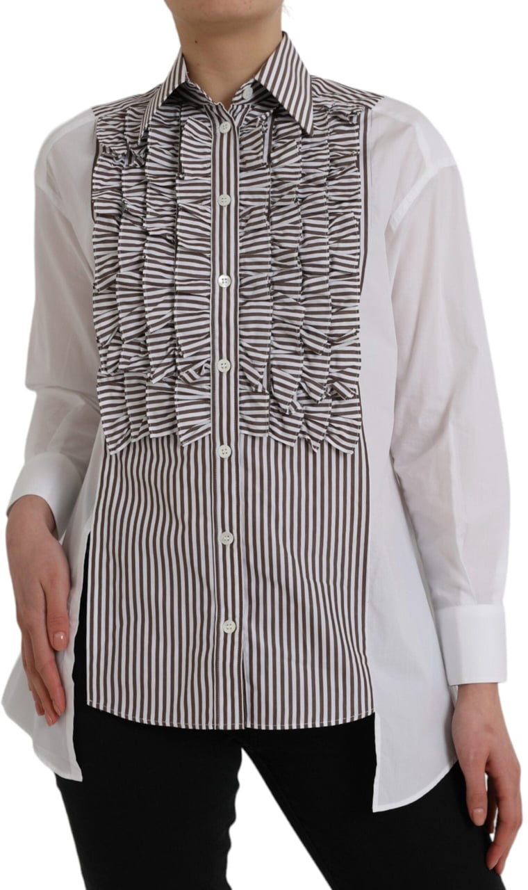 Dolce & Gabbana White Stripes Cotton Long Sleeves Ruffle Collar Top Wit