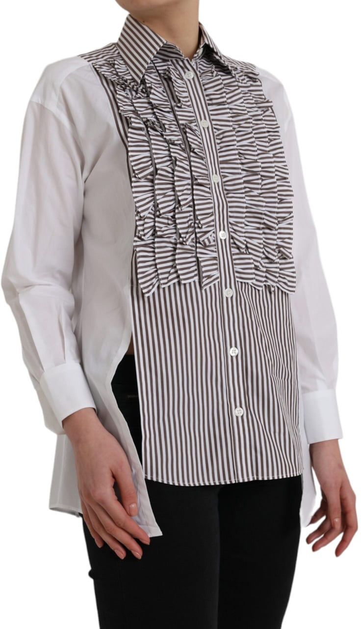 Dolce & Gabbana White Stripes Cotton Long Sleeves Ruffle Collar Top Wit