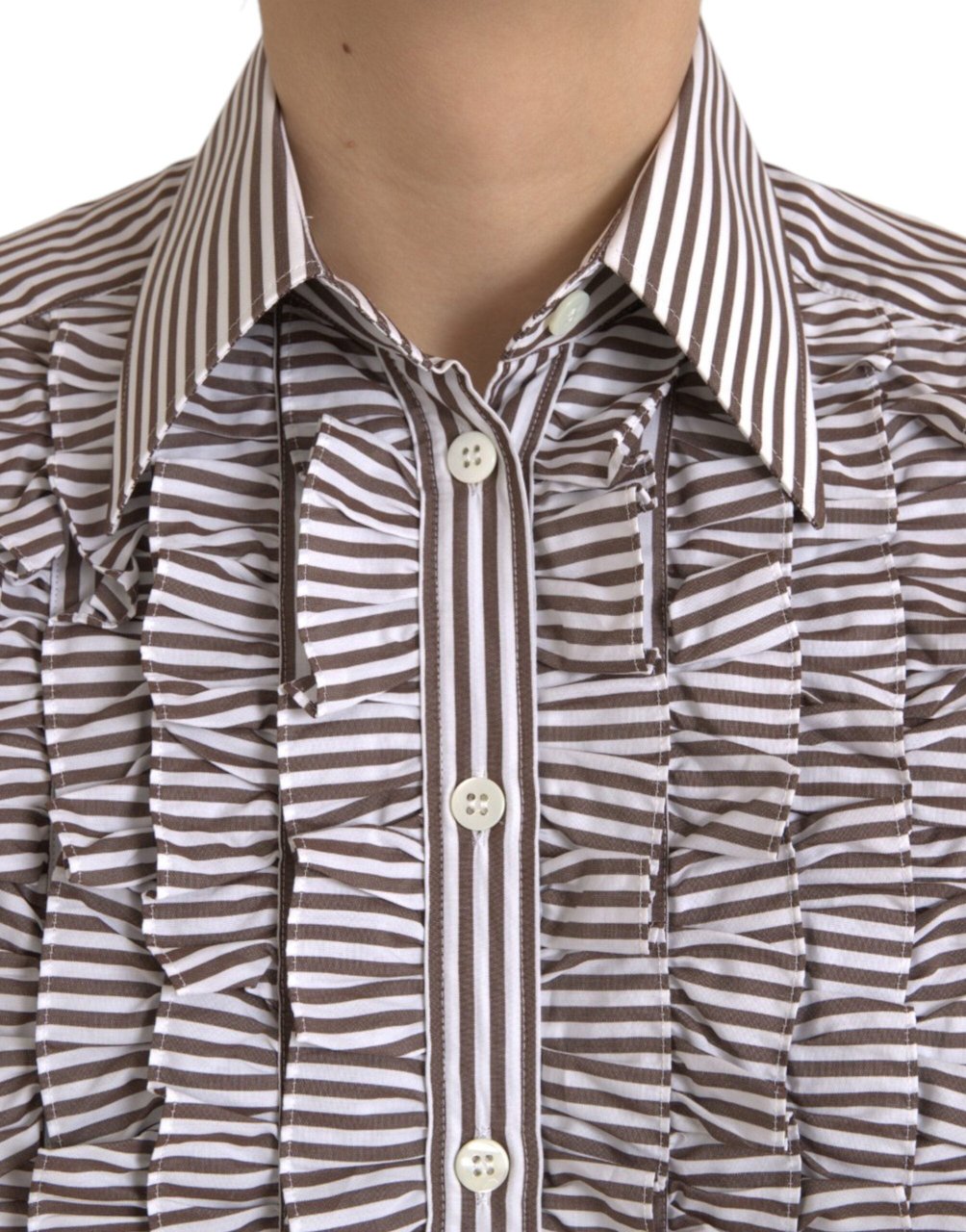 Dolce & Gabbana White Stripes Cotton Long Sleeves Ruffle Collar Top Wit