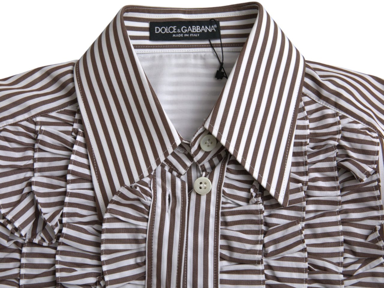 Dolce & Gabbana White Stripes Cotton Long Sleeves Ruffle Collar Top Wit