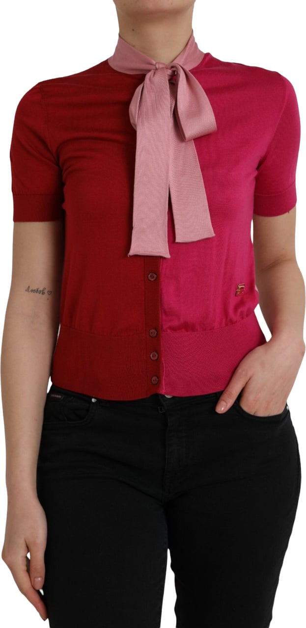 Dolce & Gabbana Pink Short Sleeves Pullover Ascot Collar Top Roze