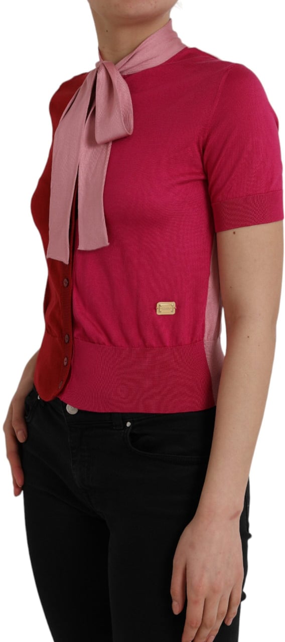 Dolce & Gabbana Pink Short Sleeves Pullover Ascot Collar Top Roze
