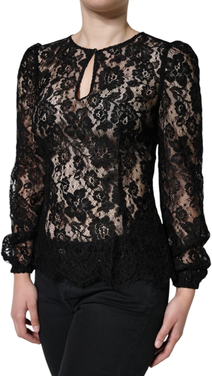Dolce & Gabbana Black Floral Lace See Through Long Sleeve Top Zwart