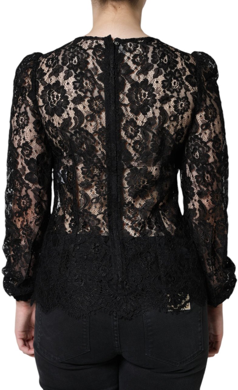 Dolce & Gabbana Black Floral Lace See Through Long Sleeve Top Zwart