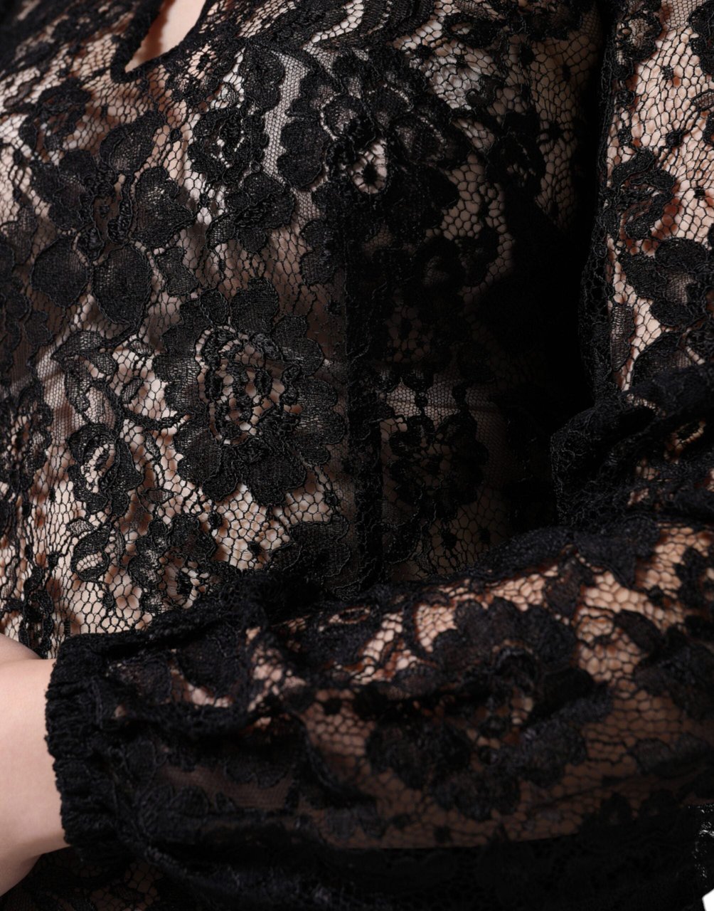 Dolce & Gabbana Black Floral Lace See Through Long Sleeve Top Zwart