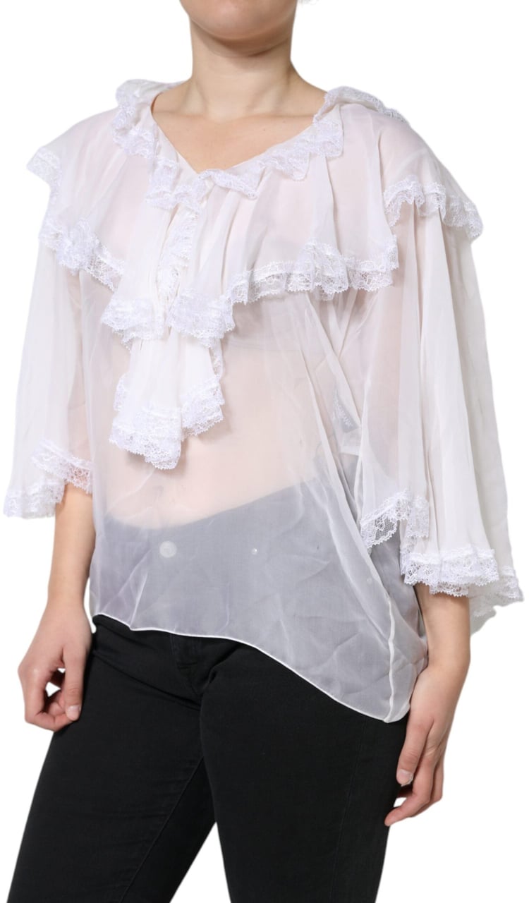 Dolce & Gabbana White Ruffles Lace Long Sleeve Blouse Top Wit