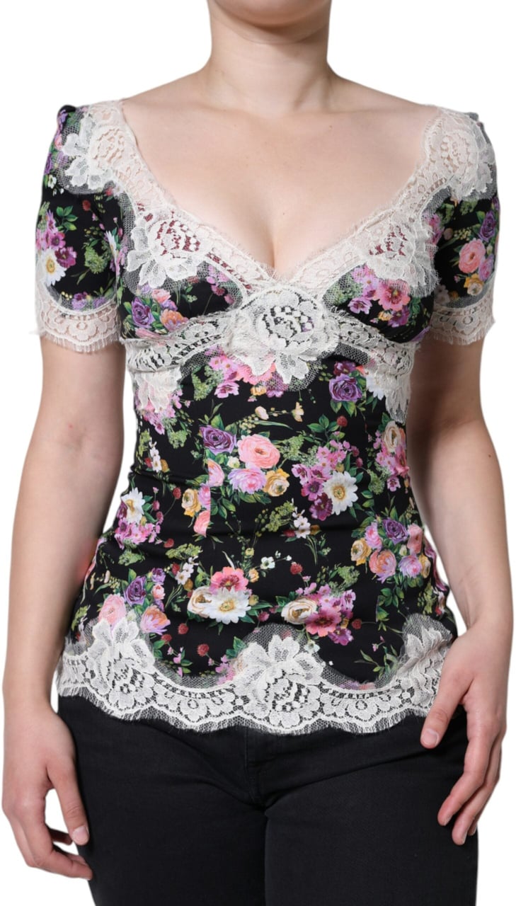 Dolce & Gabbana Black Floral Lace Short Sleeves Blouse Top Zwart