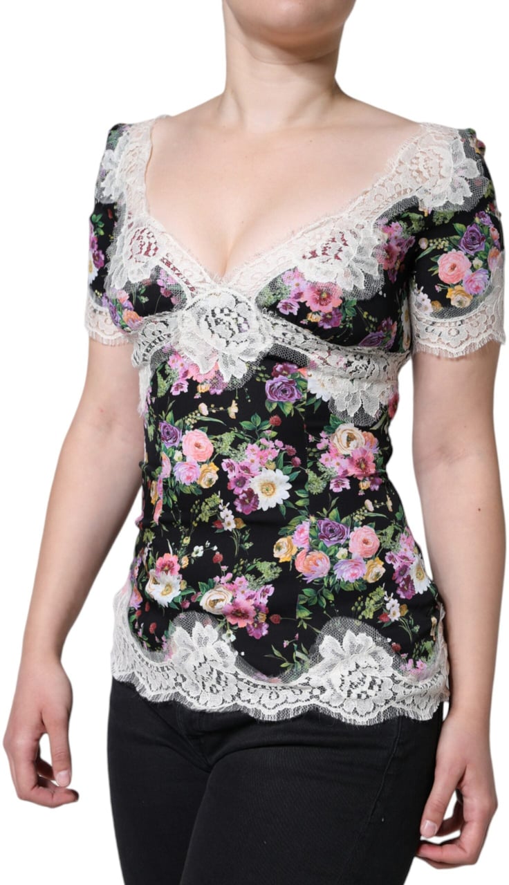 Dolce & Gabbana Black Floral Lace Short Sleeves Blouse Top Zwart