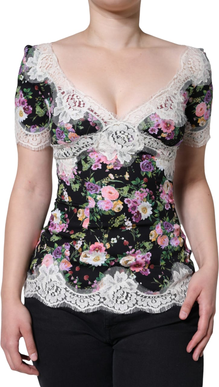 Dolce & Gabbana Black Floral Lace Short Sleeves Blouse Top Zwart