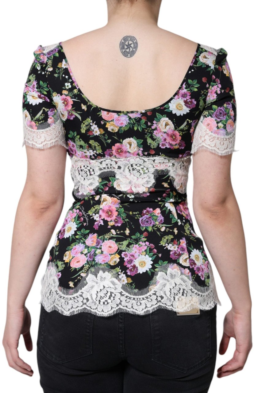 Dolce & Gabbana Black Floral Lace Short Sleeves Blouse Top Zwart