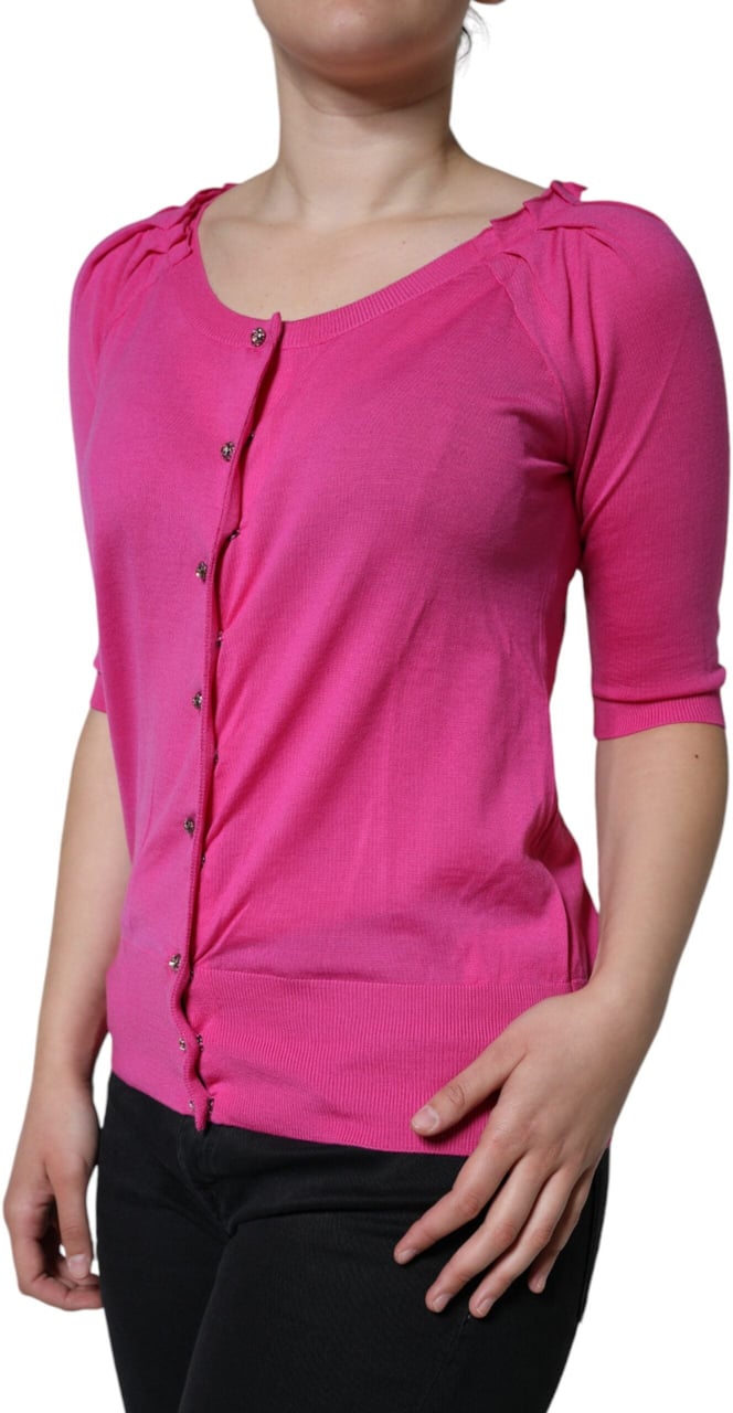 Dolce & Gabbana Pink Wool Button Down Short Sleeve Blouse Top Beige