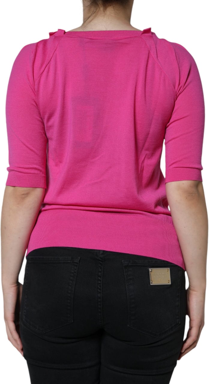 Dolce & Gabbana Pink Wool Button Down Short Sleeve Blouse Top Beige