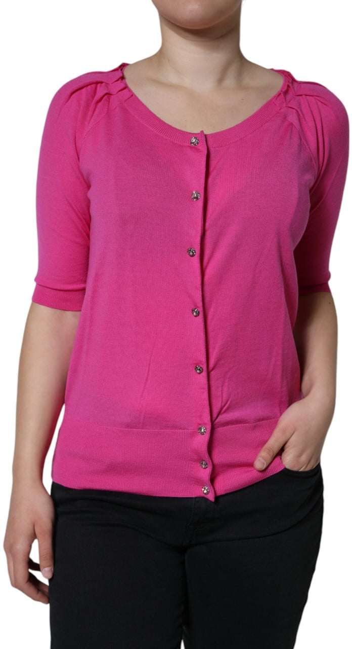 Dolce & Gabbana Pink Wool Button Down Short Sleeve Blouse Top Beige