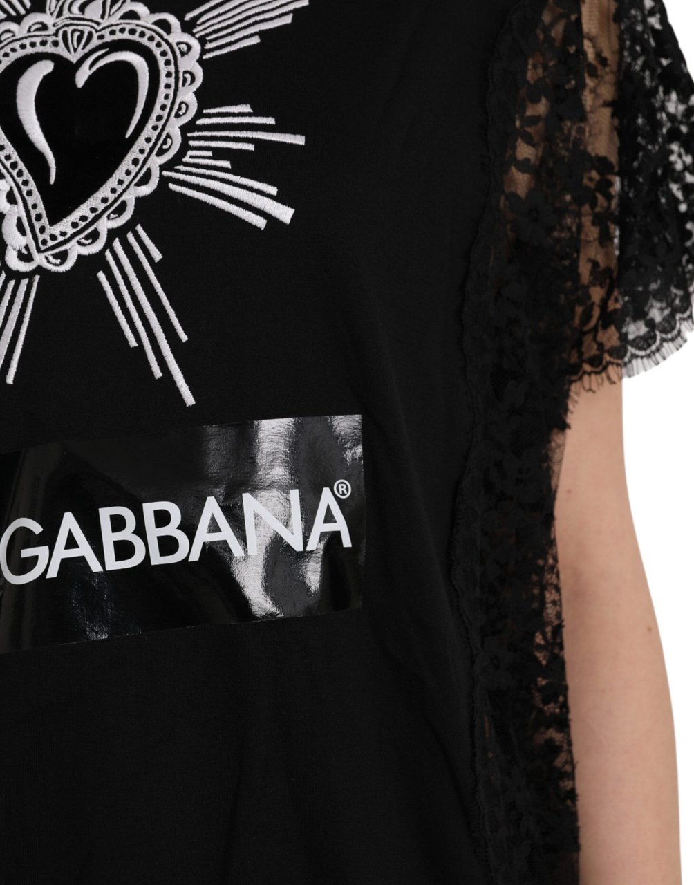 Dolce & Gabbana Black Sacred Heart Print Cotton Lace T-shirt Zwart