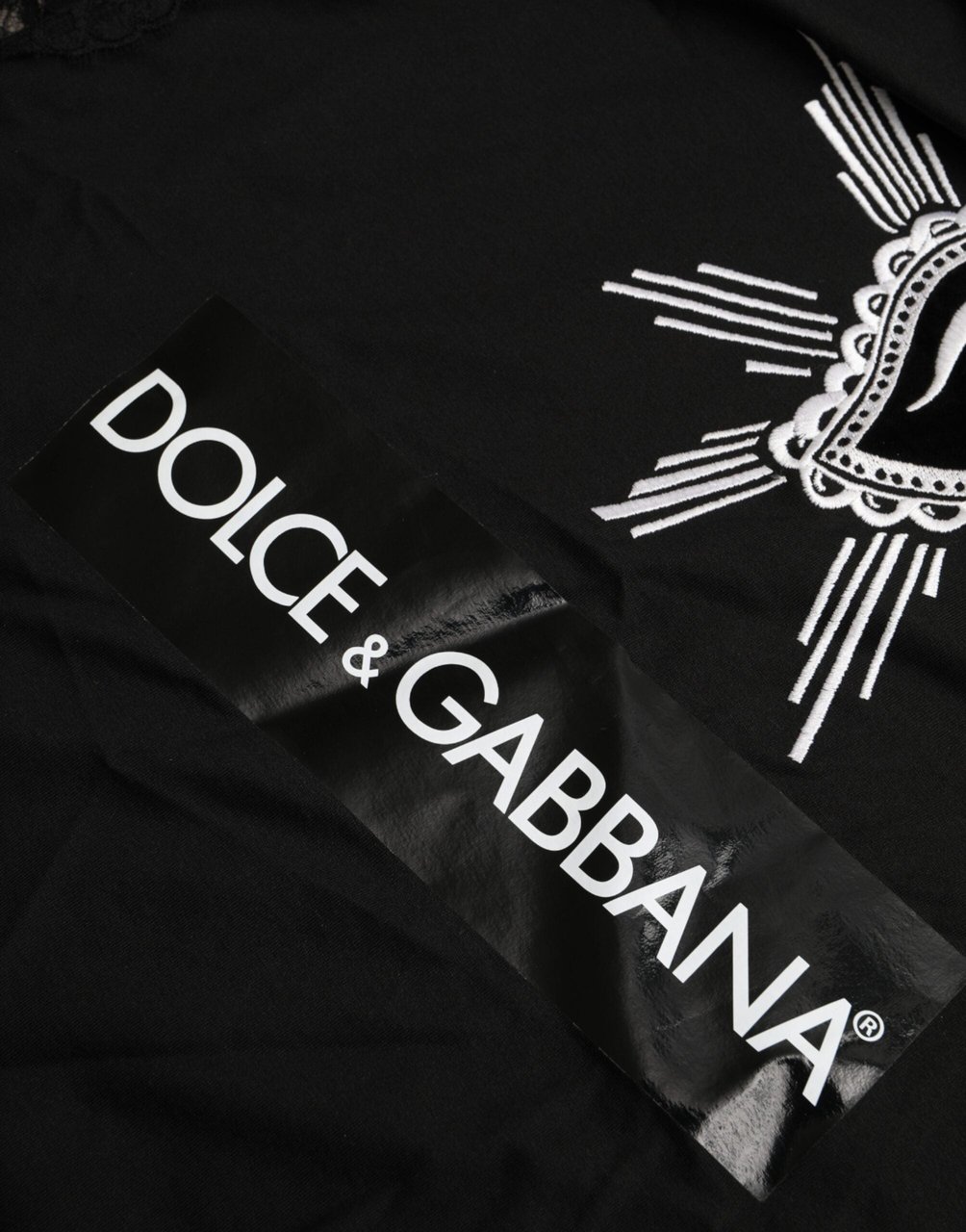Dolce & Gabbana Black Sacred Heart Print Cotton Lace T-shirt Zwart