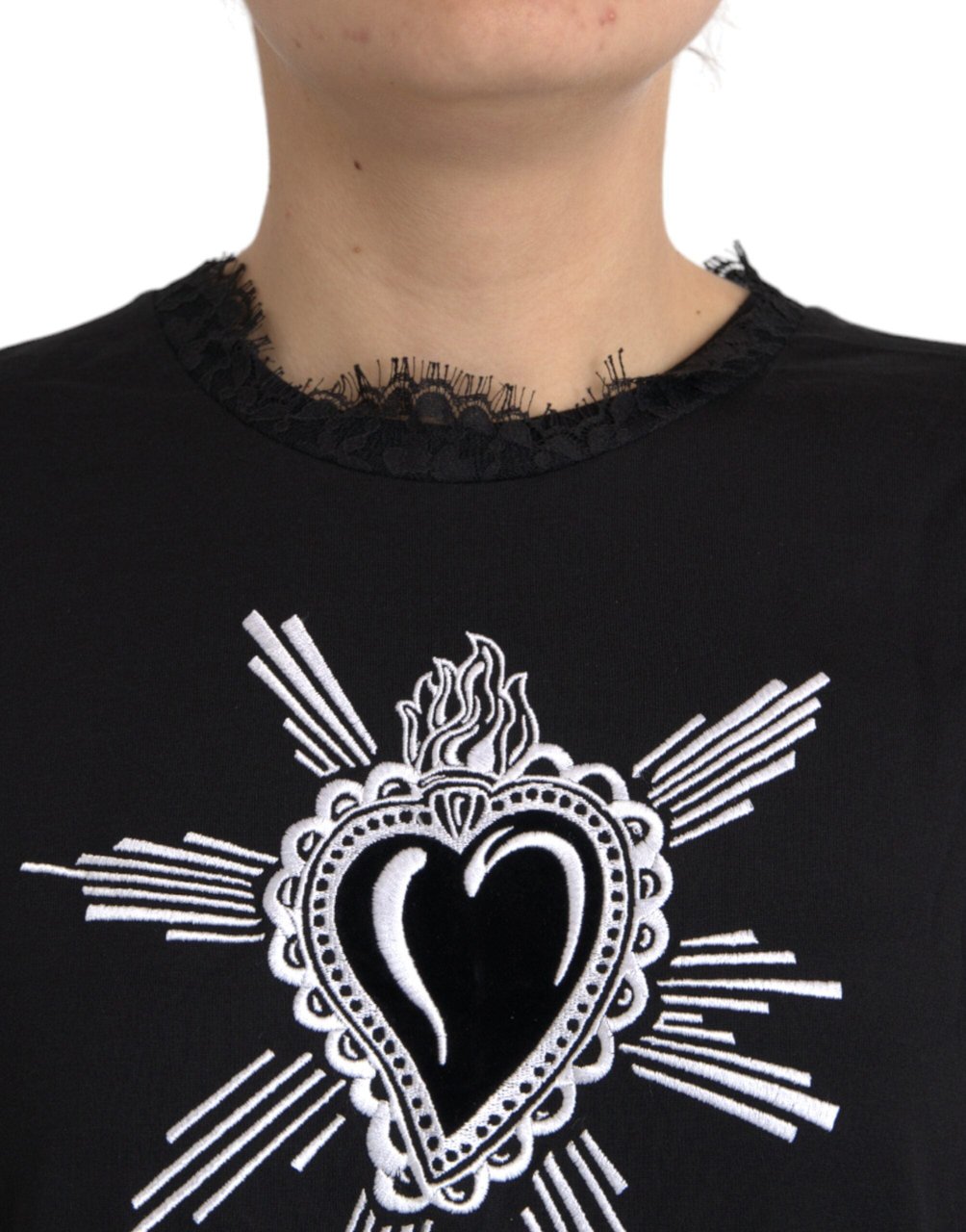 Dolce & Gabbana Black Sacred Heart Print Cotton Lace T-shirt Zwart