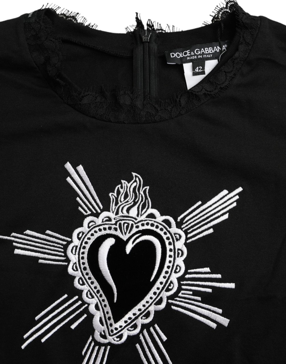 Dolce & Gabbana Black Sacred Heart Print Cotton Lace T-shirt Zwart