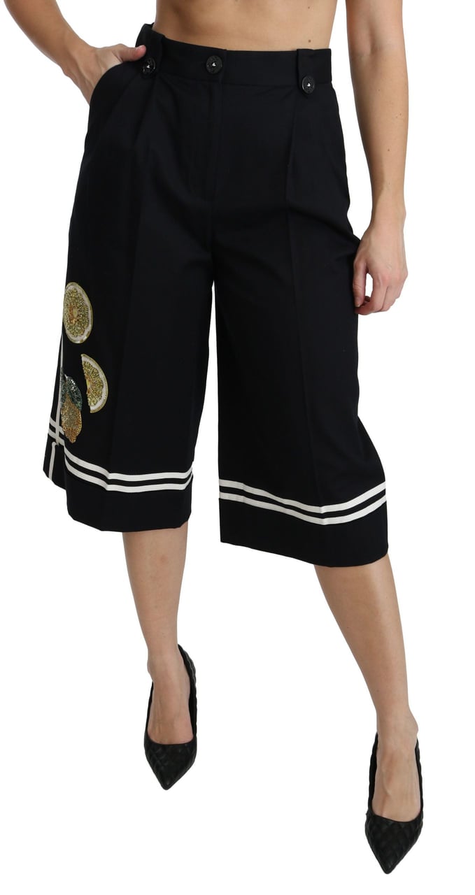 Dolce & Gabbana Black Lemon Embellished Palazzo Cropped Pants Zwart