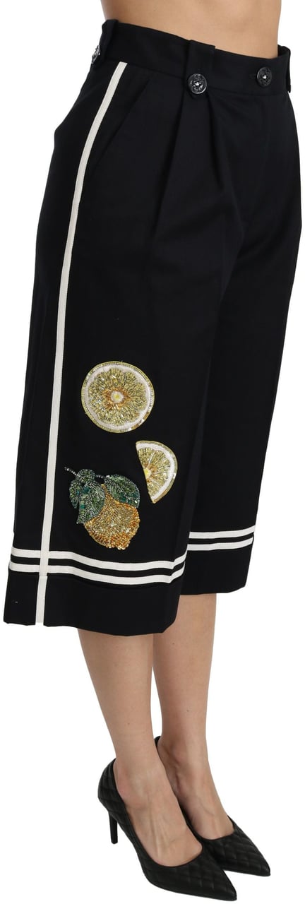 Dolce & Gabbana Black Lemon Embellished Palazzo Cropped Pants Zwart