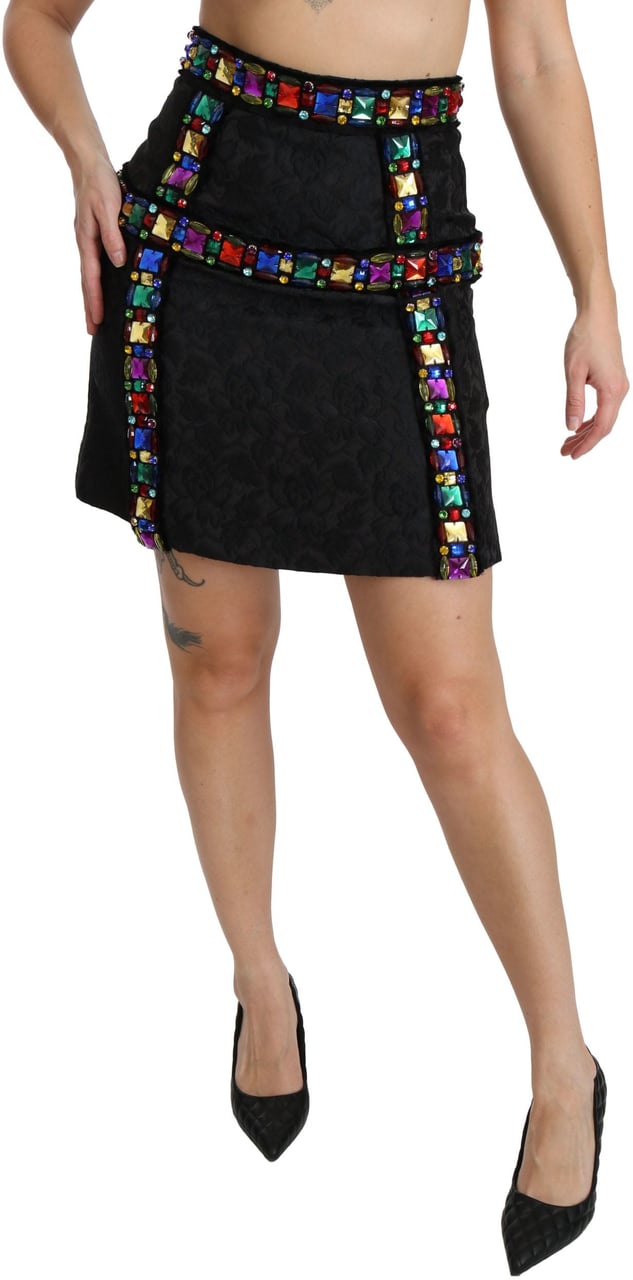 Dolce & Gabbana Black Crystal Embellished High Waist Skirt Zwart