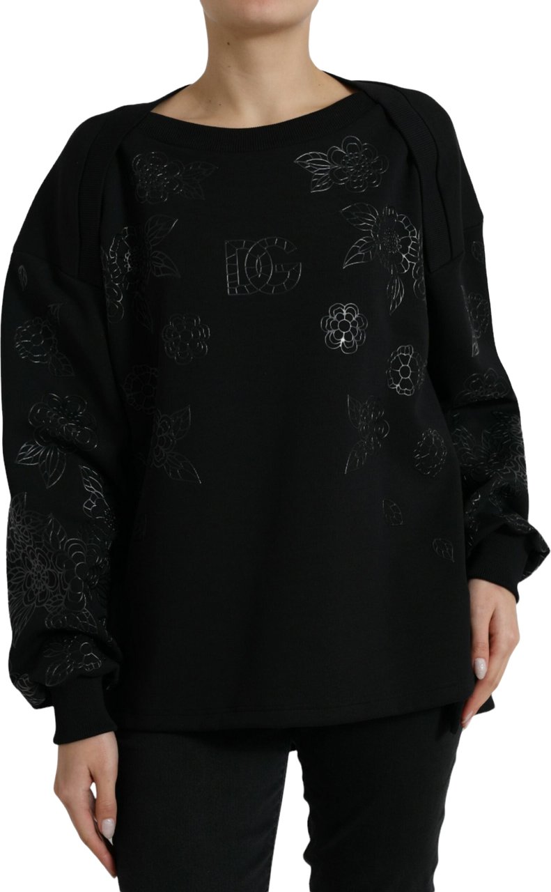 Dolce & Gabbana Black Pullover Floral Logo Applique Sweater Zwart