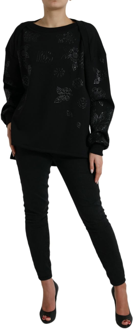 Dolce & Gabbana Black Pullover Floral Logo Applique Sweater Zwart