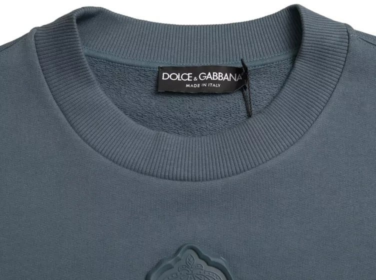 Dolce & Gabbana Blue Cotton Logo Patch Crew Neck Men Pullover Sweater Blauw