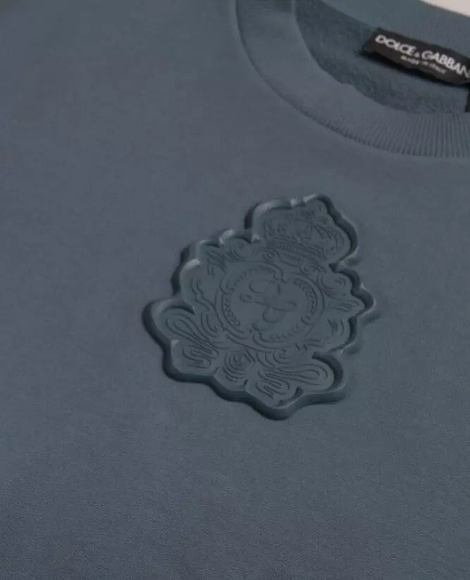 Dolce & Gabbana Blue Cotton Logo Patch Crew Neck Men Pullover Sweater Blauw