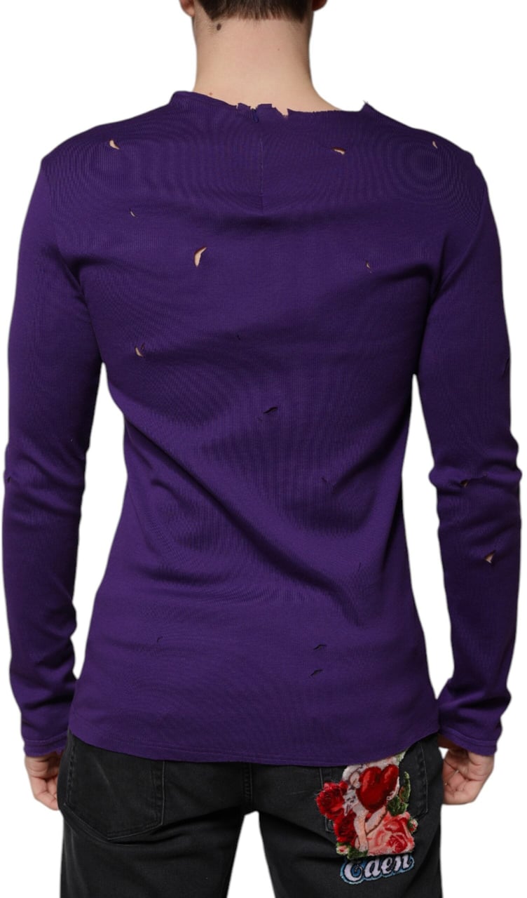 Dolce & Gabbana Purple Cotton Round Neck Pullover Men Sweater Paars