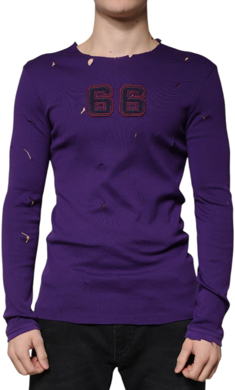Dolce & Gabbana Purple Cotton Round Neck Pullover Men Sweater Paars