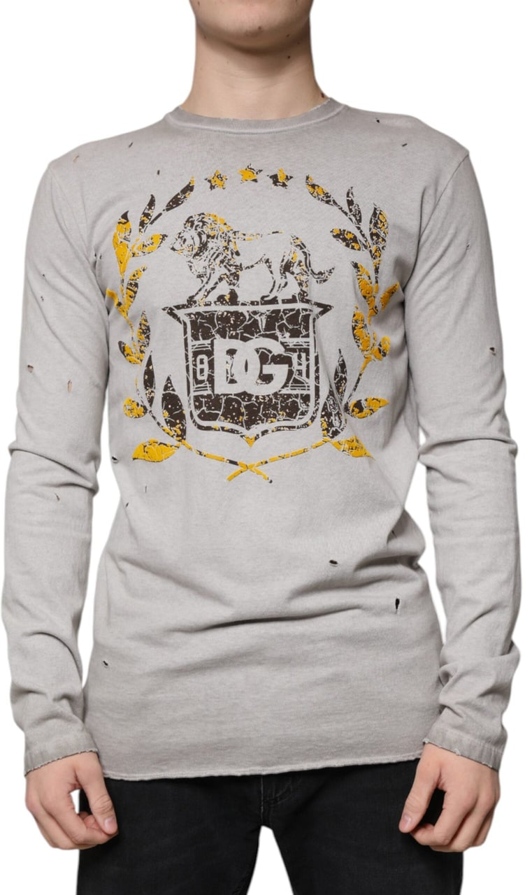 Dolce & Gabbana Gray Printed Cotton Crewneck Pullover Sweater Grijs