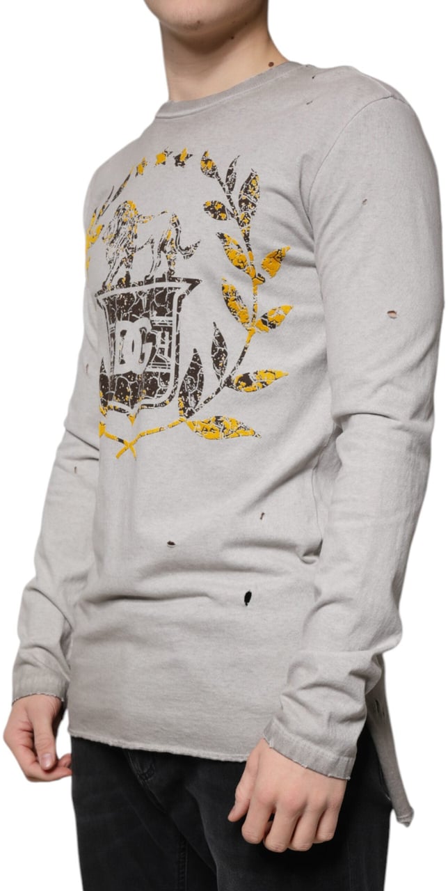 Dolce & Gabbana Gray Printed Cotton Crewneck Pullover Sweater Grijs