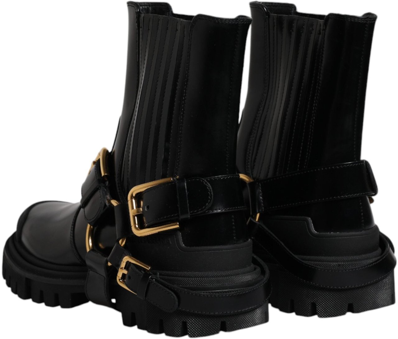 Dolce & Gabbana Black Leather Slip On Stretch Trekking Boots Shoes Zwart